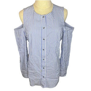 Michael Kors Blue and White Stripe Cold Shoulder Long Sleeve Button Down M